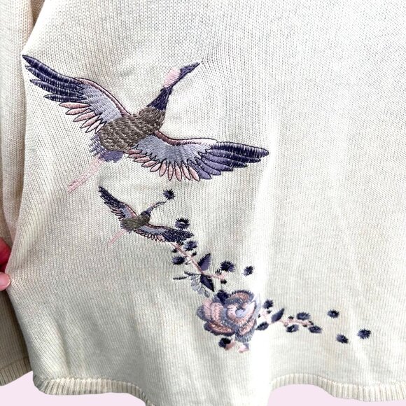 STYLE & CO LONG SLEEVE BEIGE SWEATER W/ EMBROIDERED CRANE BIRD FLORAL DESIGN XL - Picture 3 of 5